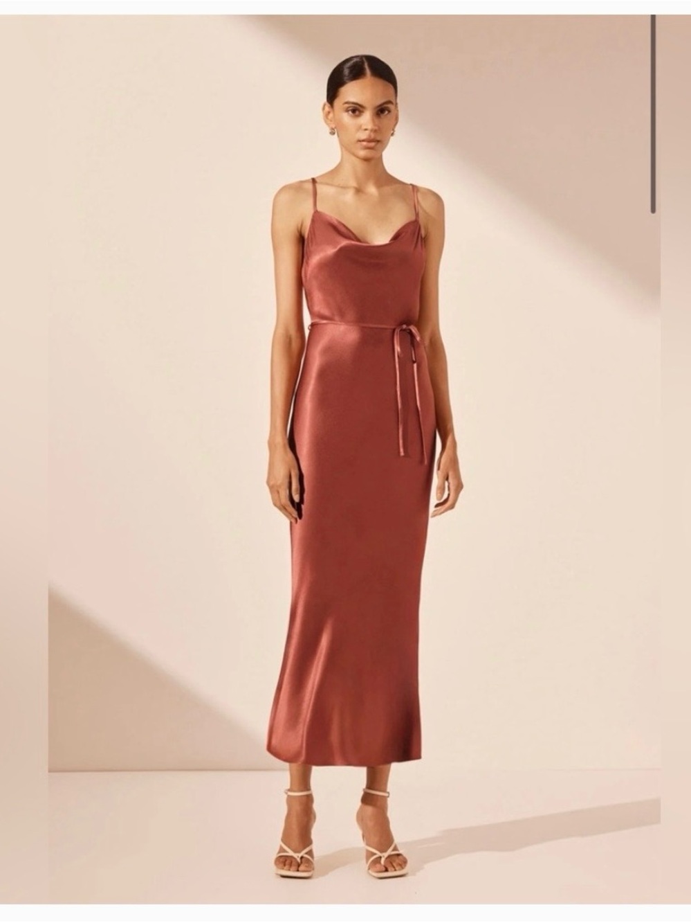 Shona Joy Satin Cowl Midi Dress in Terracotta. AUS 8/ US 4
